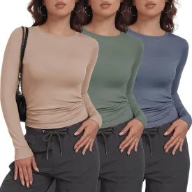 3 Pack Womens Long Sleeve Shirts Crew Neck Basic Stretchy Fitted Y2K Tops Going Out Fashion Clothes