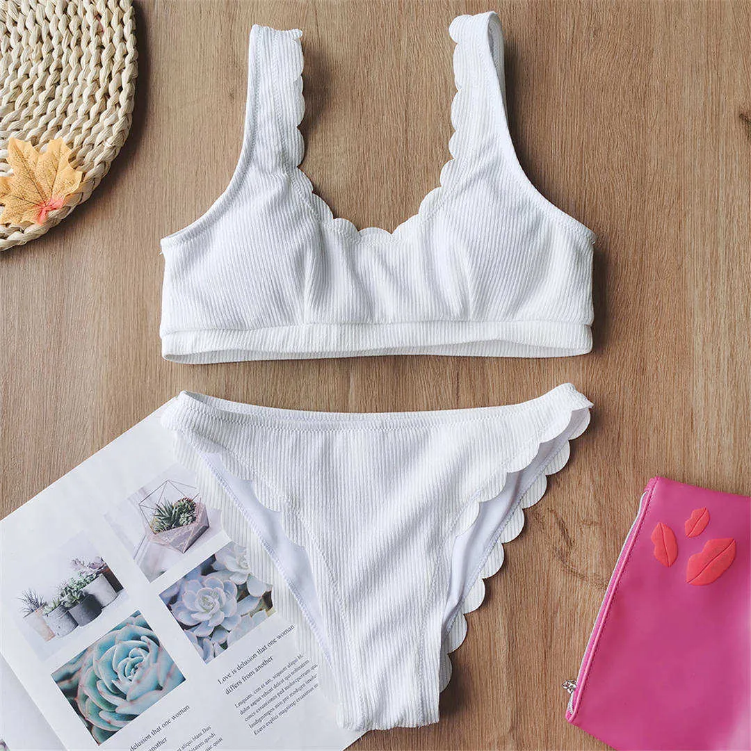 6 Colors Scalloped Mid Waist Bikini Women Swimwear Female Swimsuit Two-pieces Bikini set Ribbed Bather Bathing Suit Swim V2183R
