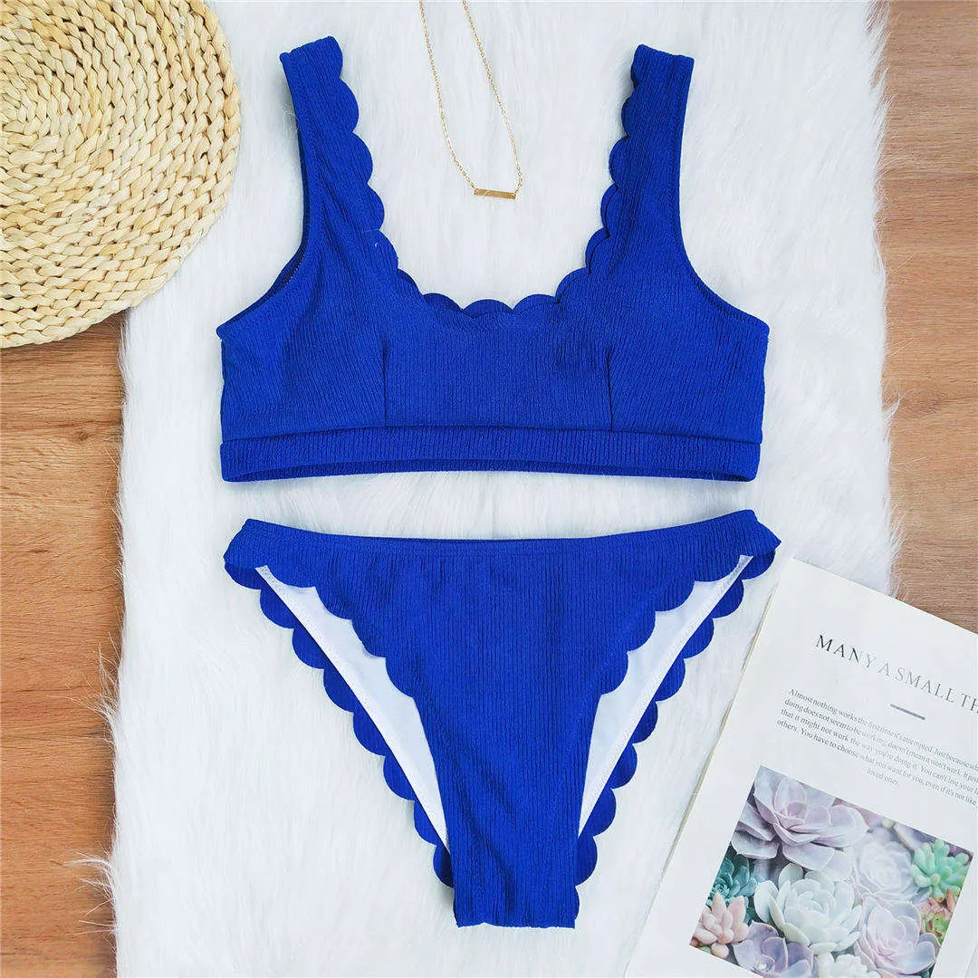 6 Colors Scalloped Mid Waist Bikini Women Swimwear Female Swimsuit Two-pieces Bikini set Ribbed Bather Bathing Suit Swim V2183R