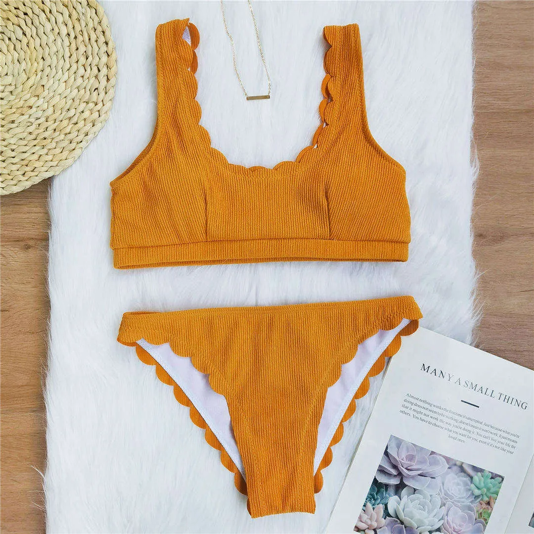 6 Colors Scalloped Mid Waist Bikini Women Swimwear Female Swimsuit Two-pieces Bikini set Ribbed Bather Bathing Suit Swim V2183R