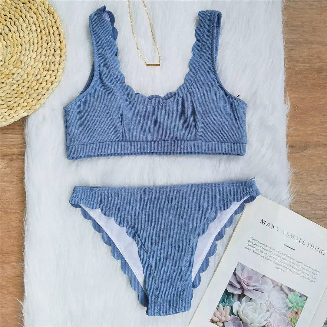 6 Colors Scalloped Mid Waist Bikini Women Swimwear Female Swimsuit Two-pieces Bikini set Ribbed Bather Bathing Suit Swim V2183R