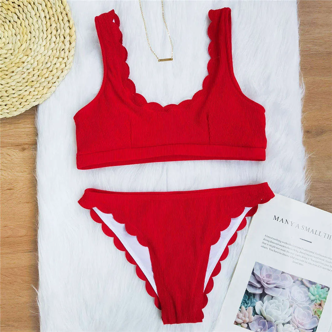 6 Colors Scalloped Mid Waist Bikini Women Swimwear Female Swimsuit Two-pieces Bikini set Ribbed Bather Bathing Suit Swim V2183R