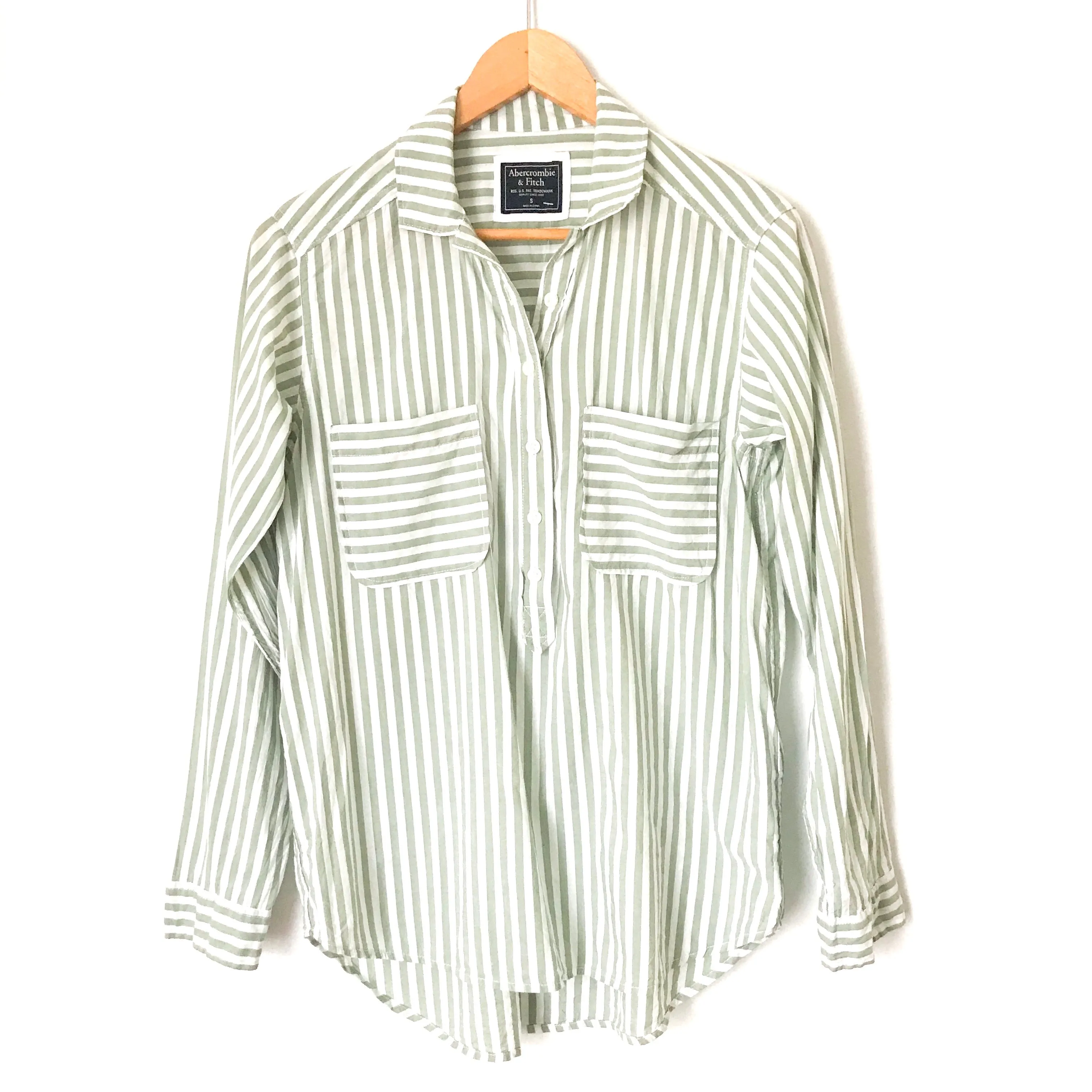 Abercrombie & Fitch Green/White Striped Half Button Down with Front Pockets- Size S