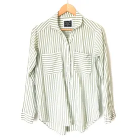 Abercrombie & Fitch Green/White Striped Half Button Down with Front Pockets- Size S