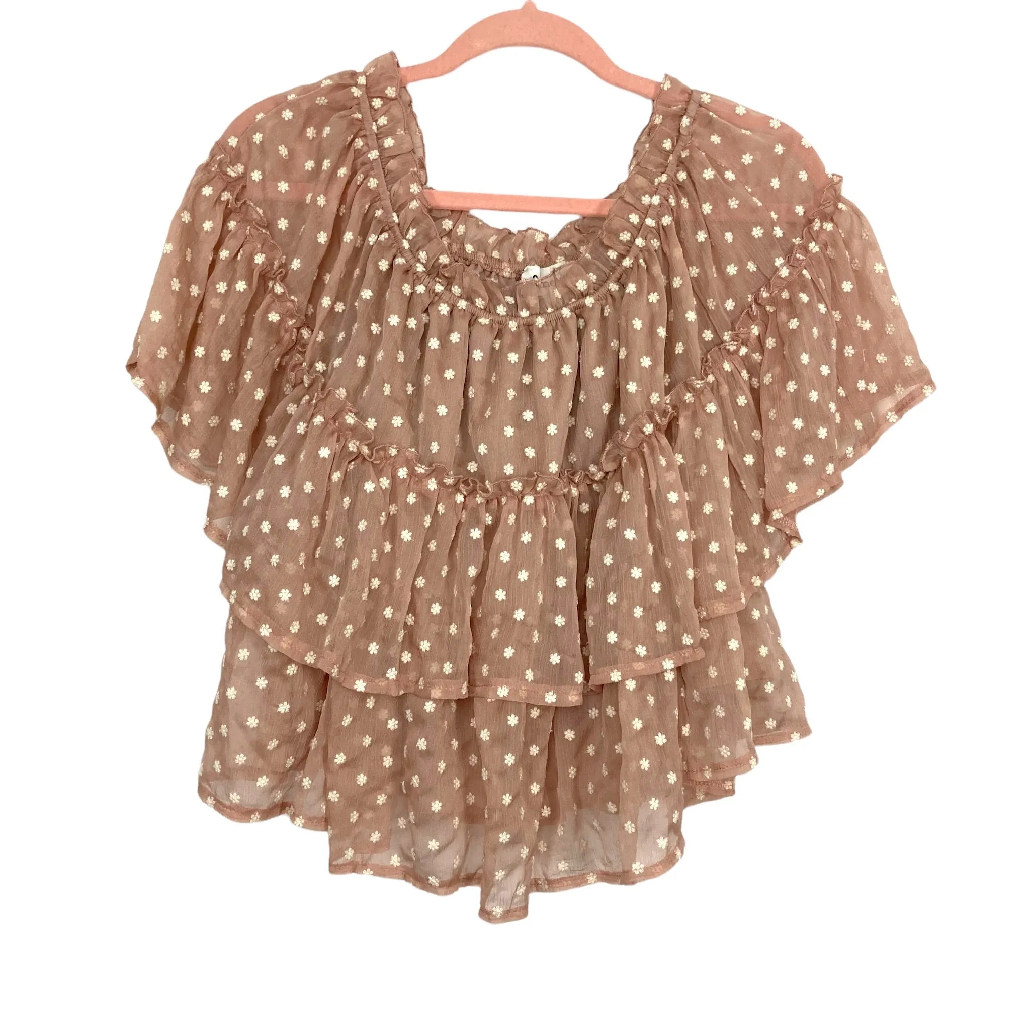 &Merci Champagne with White Flowers Off The Shoulder Top NWT- Size M
