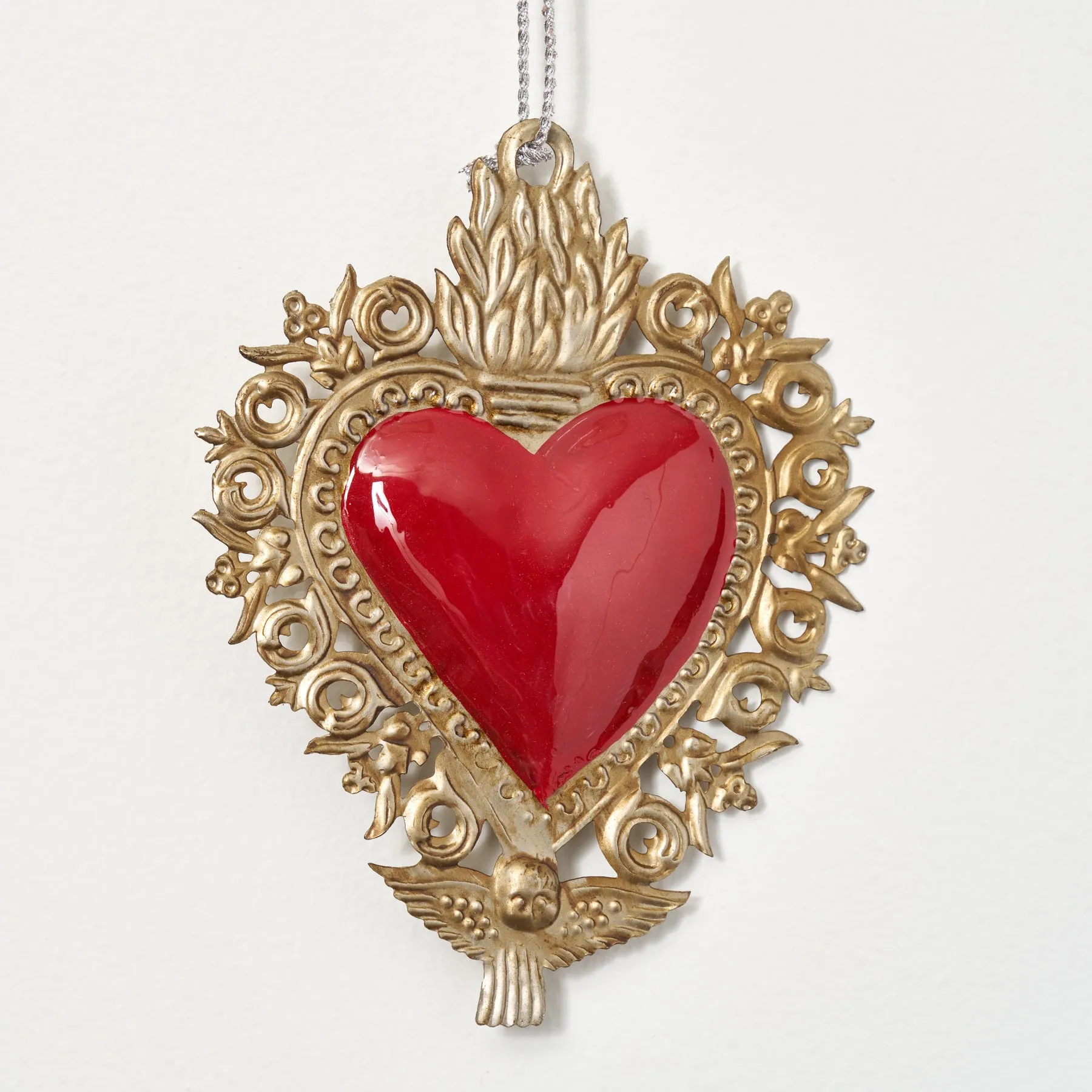 Antique Gold & Red Enamel Burning Sacred Heart Holiday Christmas Ornament