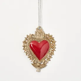 Antique Gold & Red Enamel Burning Sacred Heart Holiday Christmas Ornament