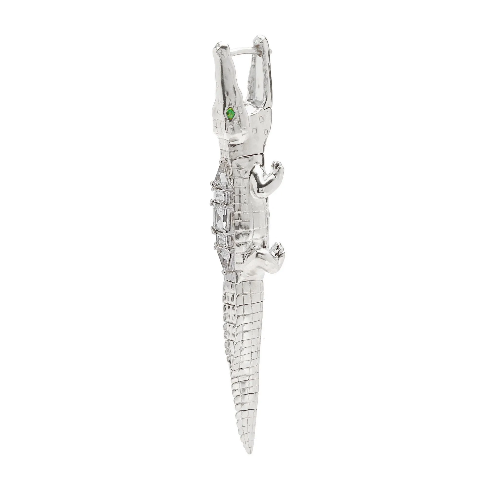 Art Deco Alligator Bite 18K White Gold Earring w. Tsavorite