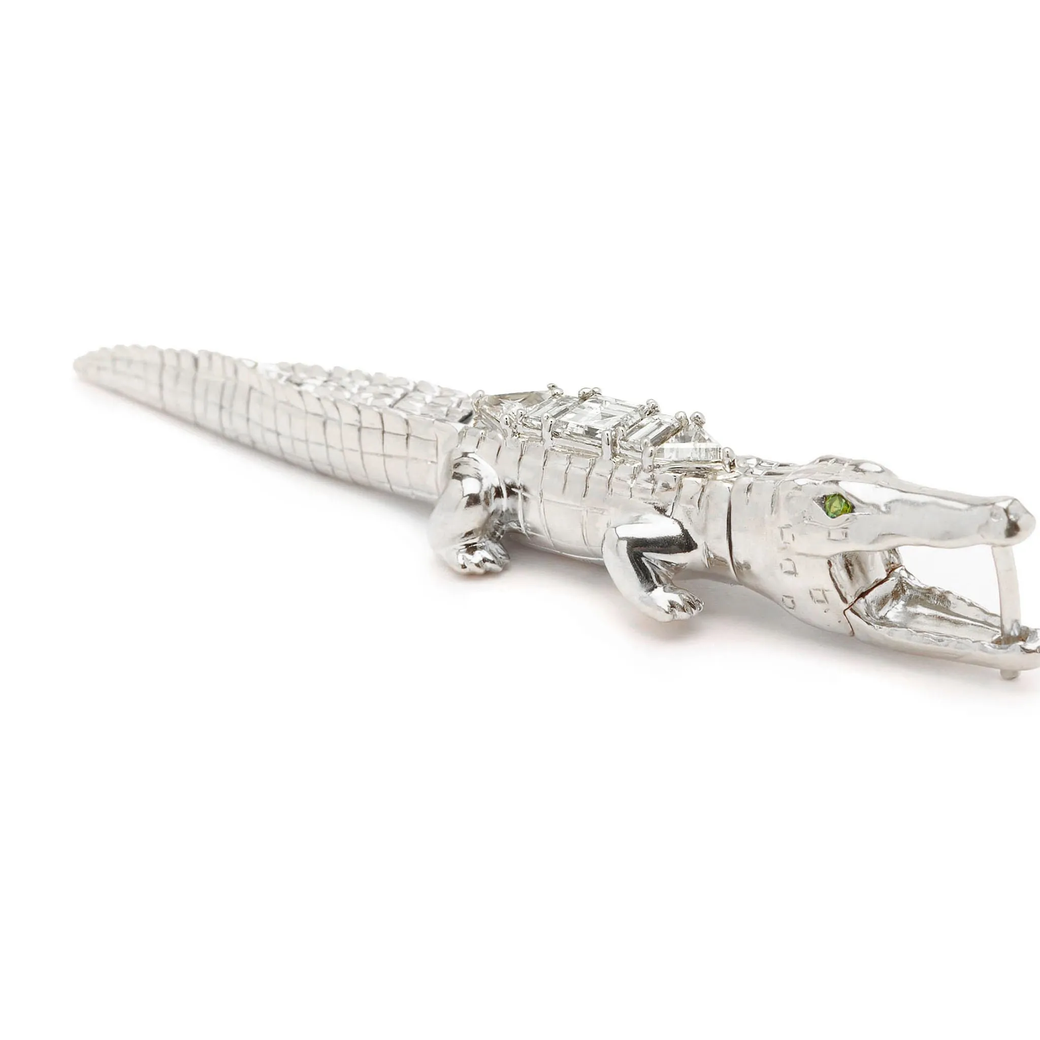 Art Deco Alligator Bite 18K White Gold Earring w. Tsavorite