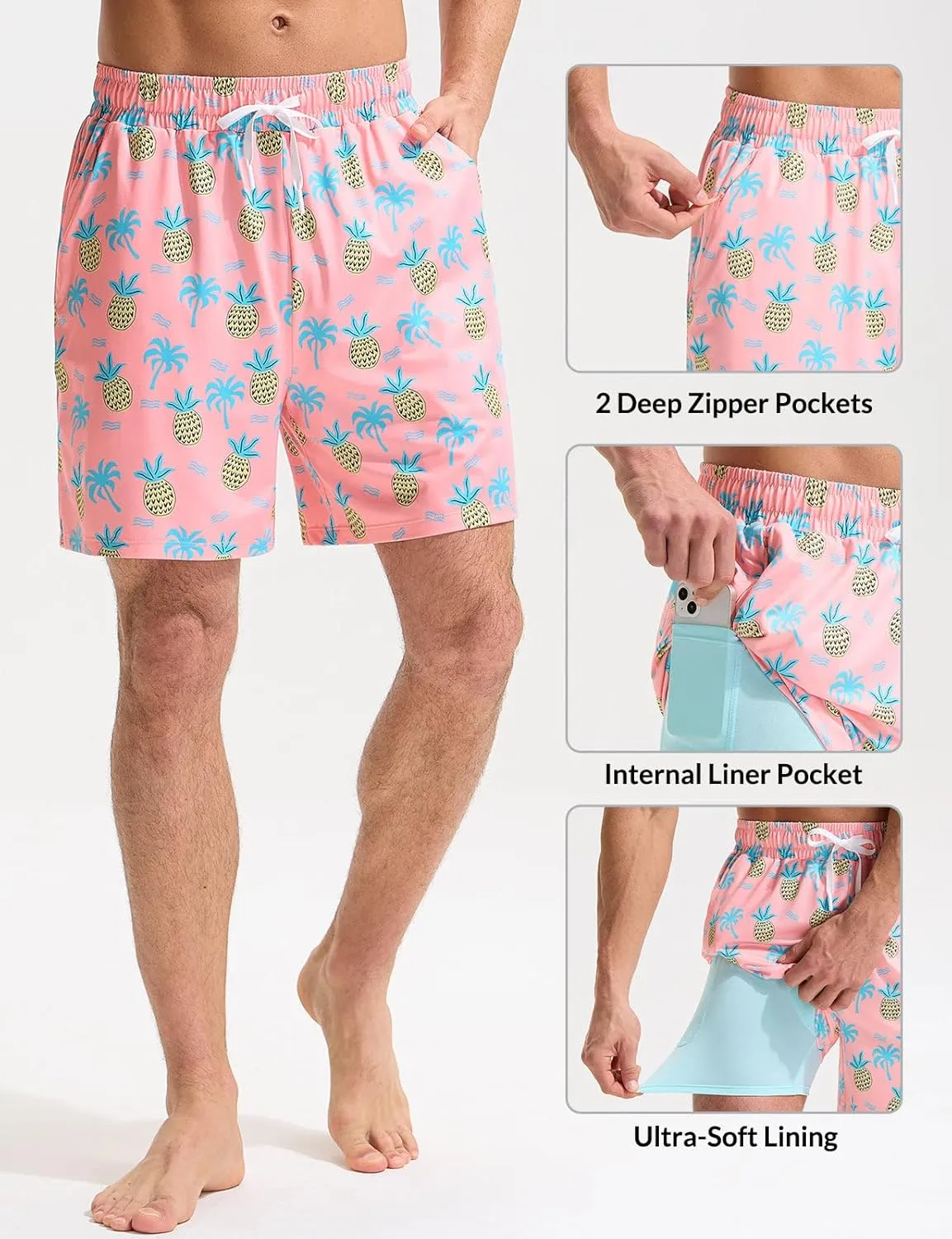 baleaf Mens Swim Trunks with Compression Liner 5 & 7 inch Quick Dry Bathing Suit Swim Shorts with Zippered Pockets
