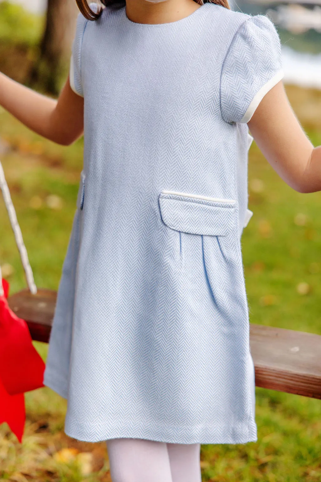 Betts Bow Dress - Beale Street Blue Herringbone with Palmetto Pearl Velveteen