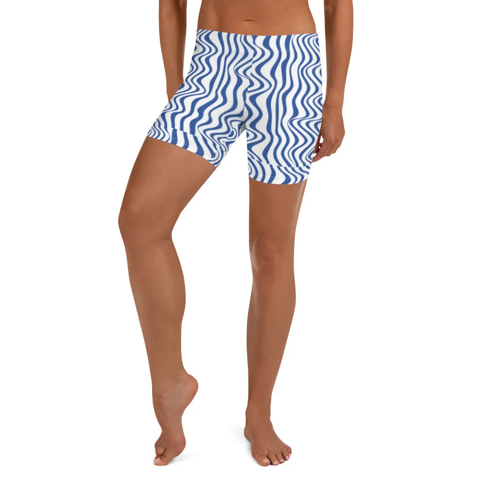 Blue Curvy Women's Shorts, Best White Abstract Wavy Short Gym Tights-Made in USA/EU/MX
