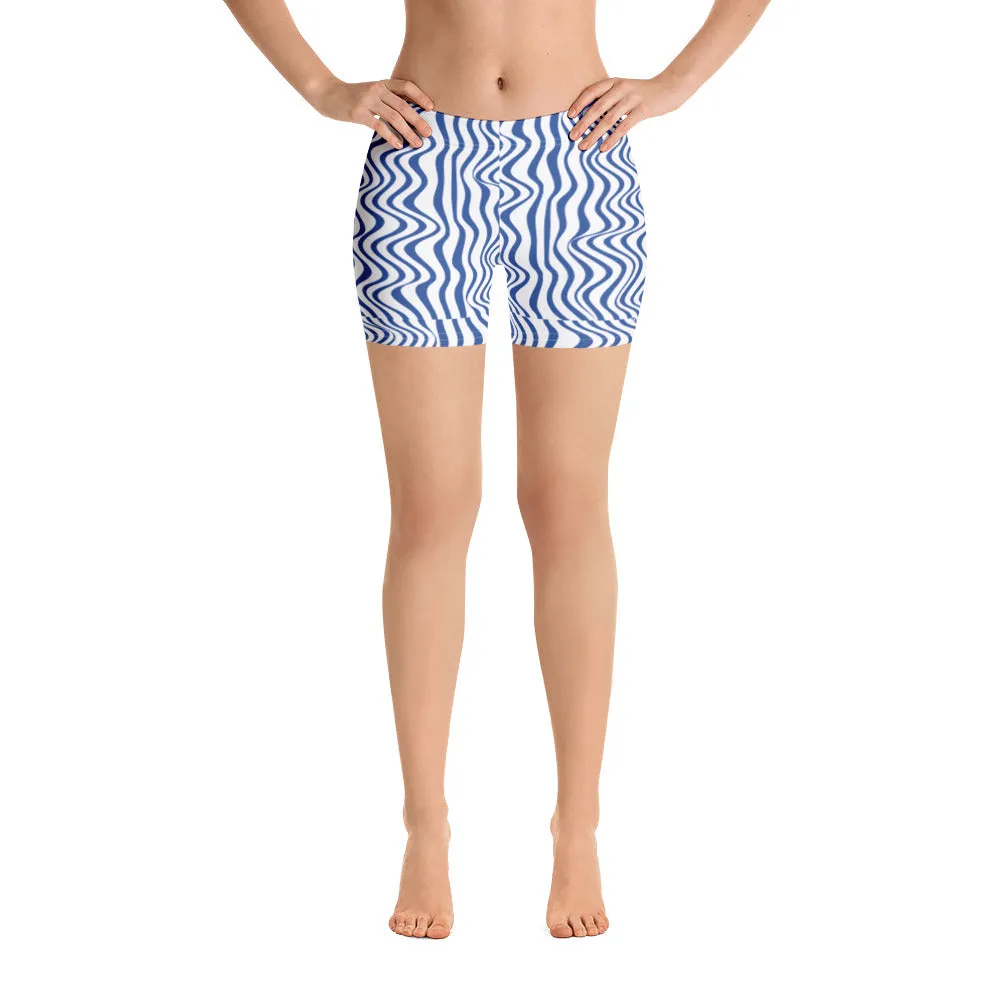 Blue Curvy Women's Shorts, Best White Abstract Wavy Short Gym Tights-Made in USA/EU/MX