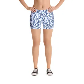 Blue Curvy Women's Shorts, Best White Abstract Wavy Short Gym Tights-Made in USA/EU/MX
