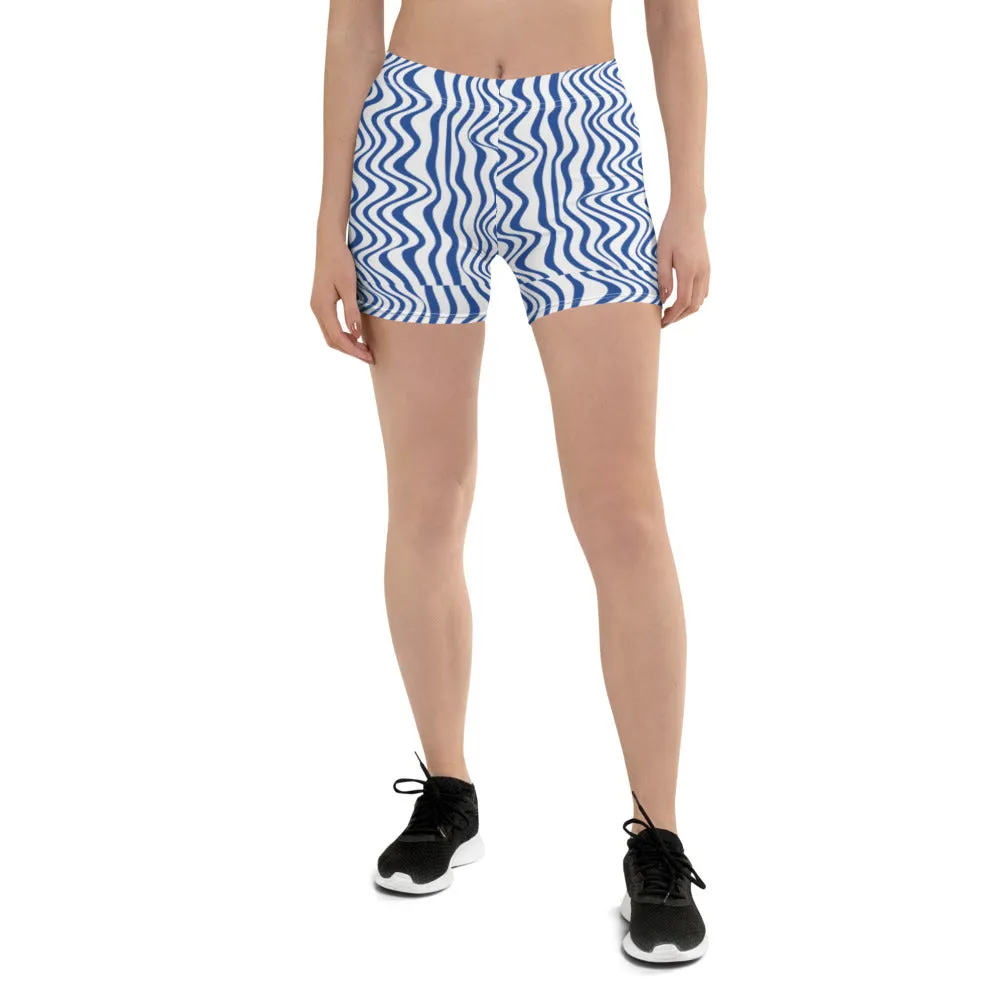 Blue Curvy Women's Shorts, Best White Abstract Wavy Short Gym Tights-Made in USA/EU/MX