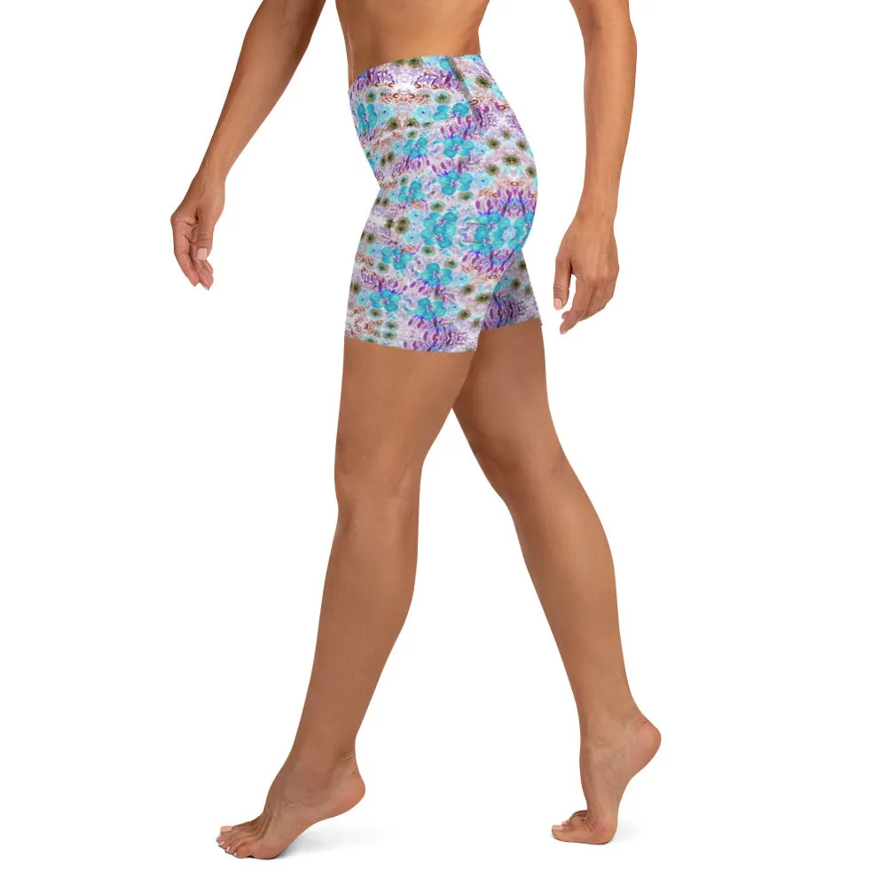 Blue Floral Print Yoga Shorts, Abstract Flower Print Women's Gym Tights-Made in USA/EU/MX