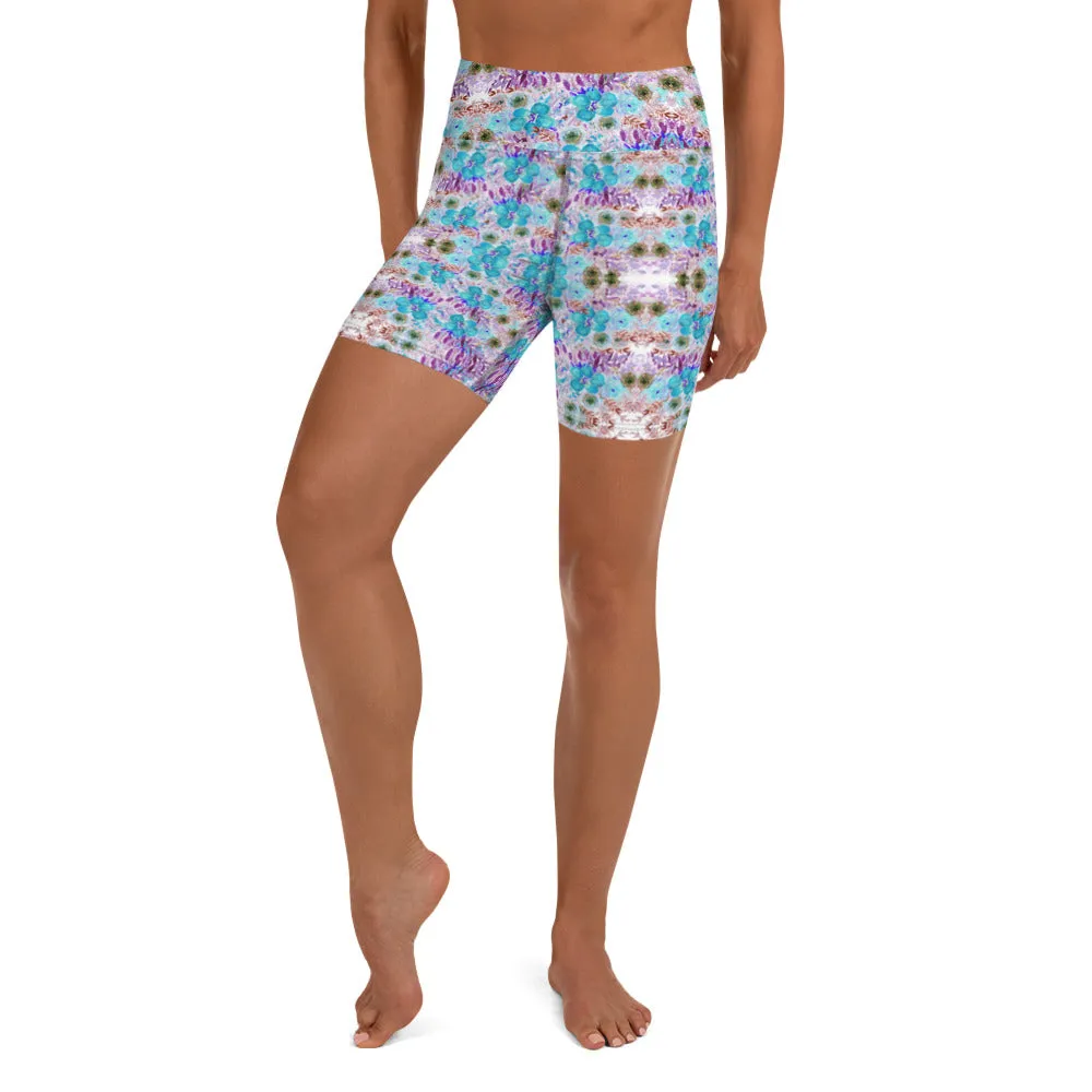 Blue Floral Print Yoga Shorts, Abstract Flower Print Women's Gym Tights-Made in USA/EU/MX