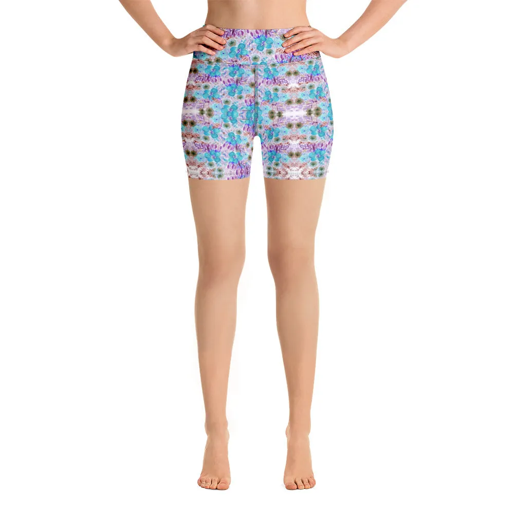 Blue Floral Print Yoga Shorts, Abstract Flower Print Women's Gym Tights-Made in USA/EU/MX