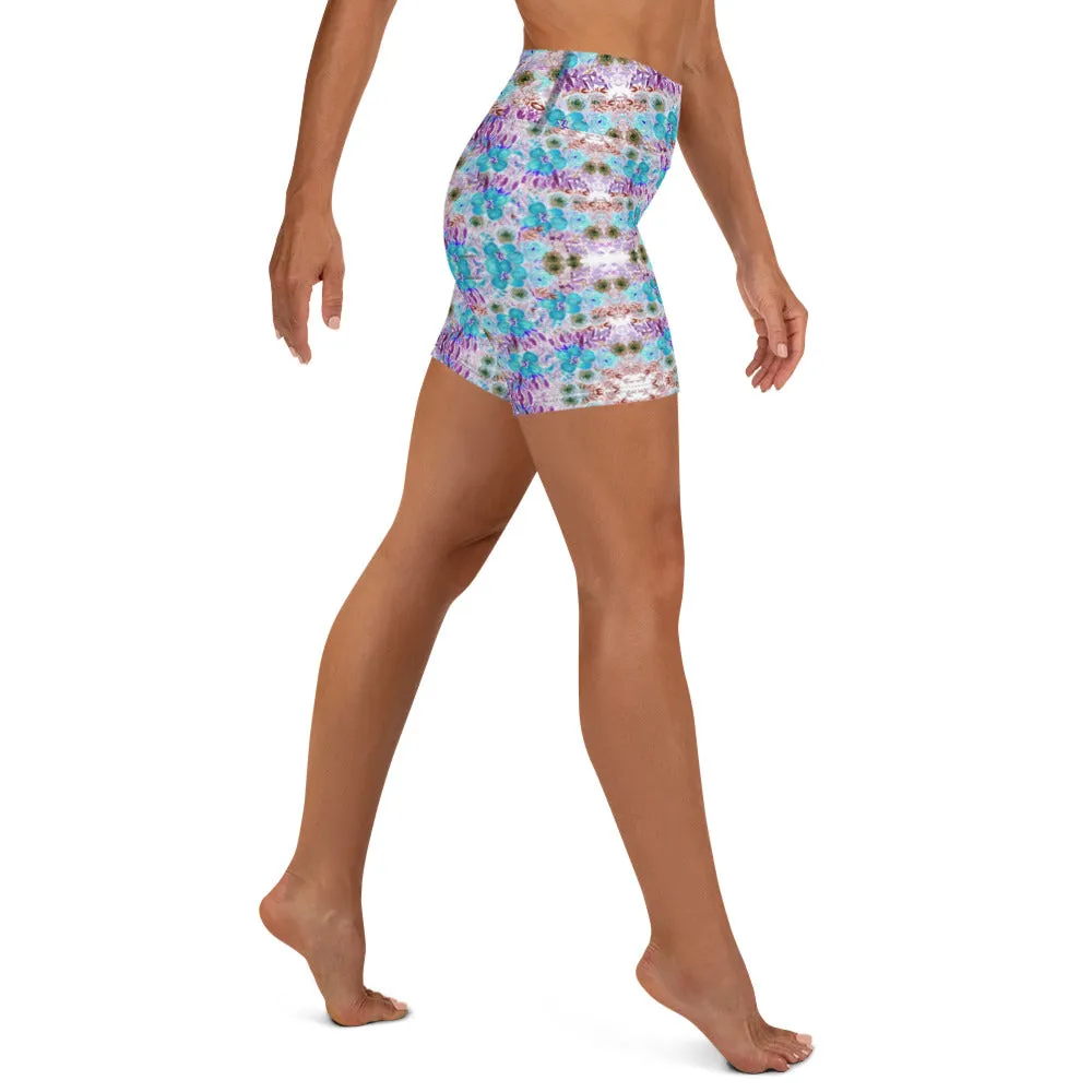 Blue Floral Print Yoga Shorts, Abstract Flower Print Women's Gym Tights-Made in USA/EU/MX
