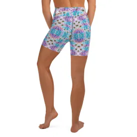Blue Floral Print Yoga Shorts, Abstract Flower Print Women's Gym Tights-Made in USA/EU/MX