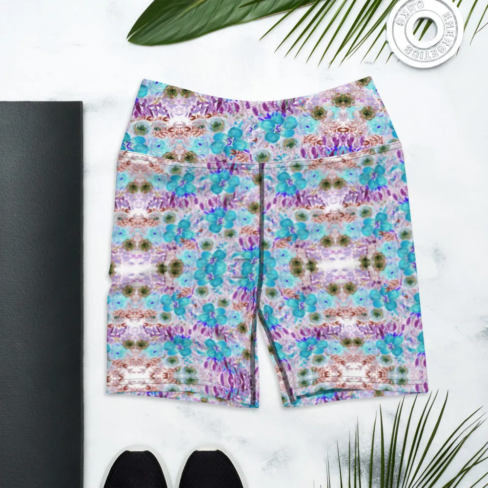 Blue Floral Print Yoga Shorts, Abstract Flower Print Women's Gym Tights-Made in USA/EU/MX