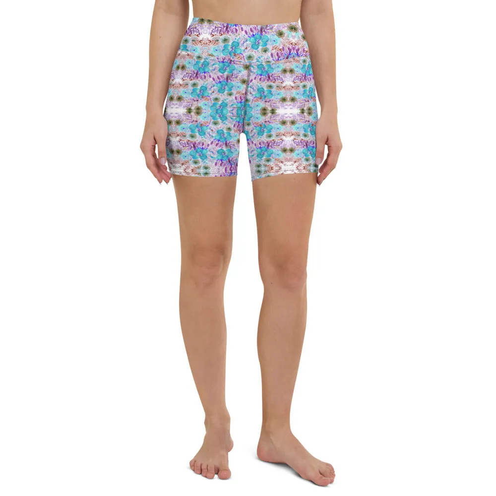 Blue Floral Print Yoga Shorts, Abstract Flower Print Women's Gym Tights-Made in USA/EU/MX