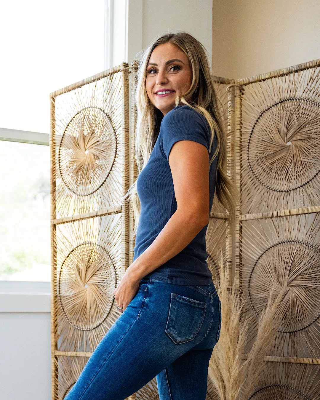 Cassidy Short Sleeve Ribbed Top - Dark Blue