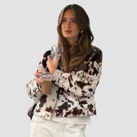 Chic Zipper Spotted Faux Fur Short Jacket