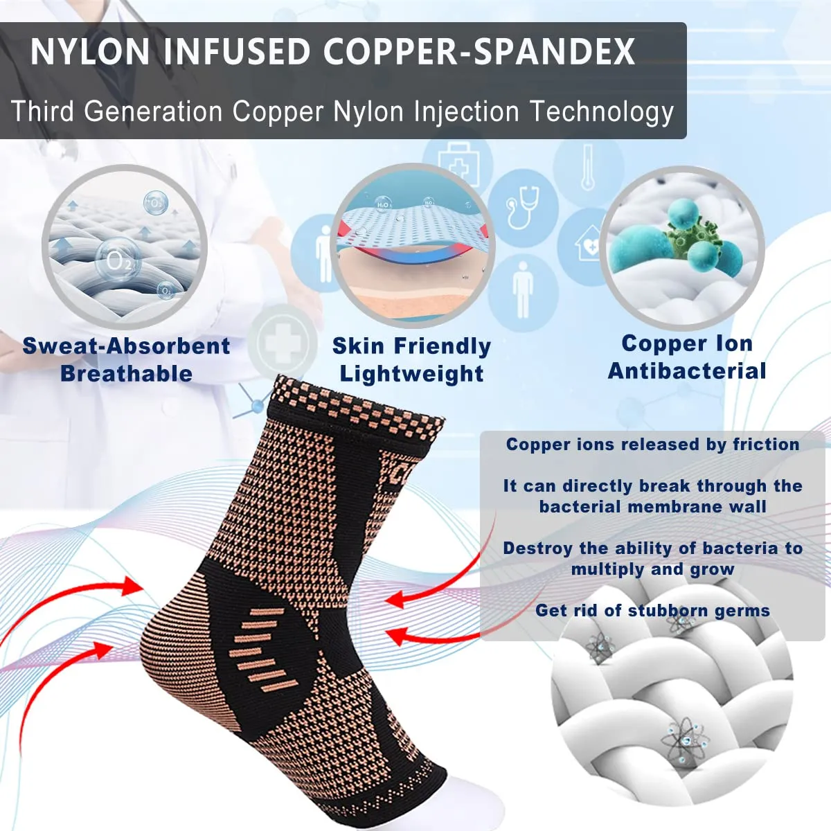 Copper Ankle Brace, Copper Infused Ankle Support Compression Sleeve for Men & Women, for Foot Pain Relief, Sprained Recovery, Achilles Tendonitis, Daytime or Night Use(L)