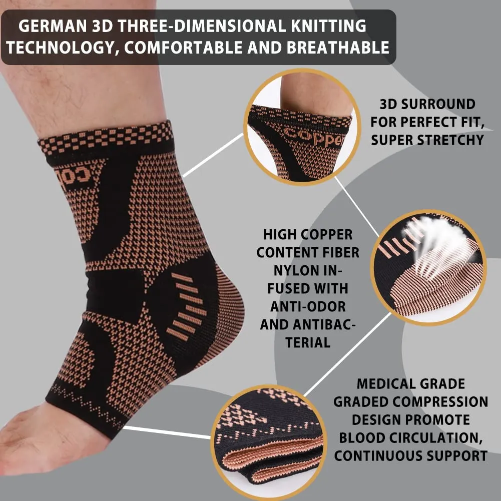 Copper Ankle Brace, Copper Infused Ankle Support Compression Sleeve for Men & Women, for Foot Pain Relief, Sprained Recovery, Achilles Tendonitis, Daytime or Night Use(L)