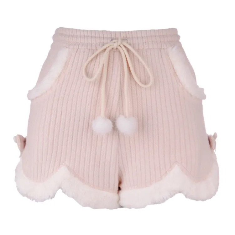 Cream Wool Series Great Wear Soft Waxy Twist Knit Plush Lace Shorts Pink