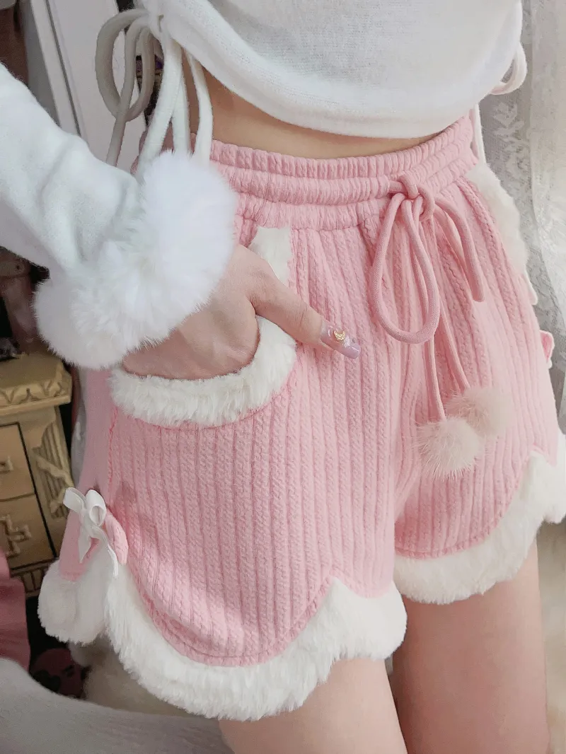 Cream Wool Series Great Wear Soft Waxy Twist Knit Plush Lace Shorts Pink