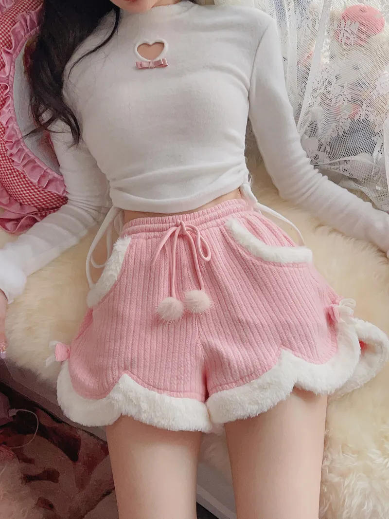 Cream Wool Series Great Wear Soft Waxy Twist Knit Plush Lace Shorts Pink