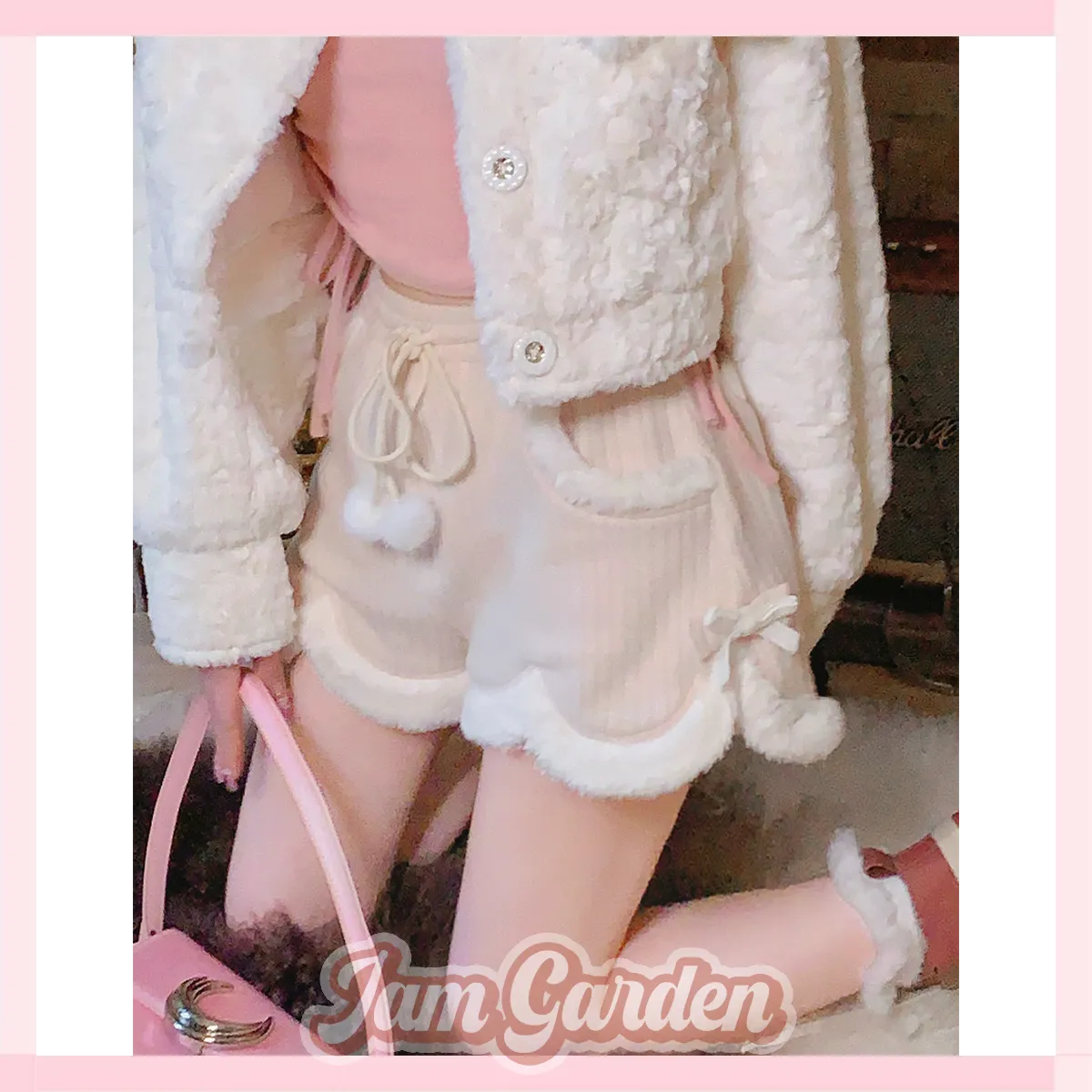 Cream Wool Series Great Wear Soft Waxy Twist Knit Plush Lace Shorts Pink