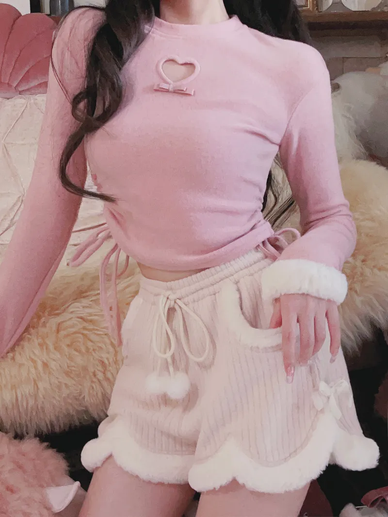 Cream Wool Series Great Wear Soft Waxy Twist Knit Plush Lace Shorts Pink