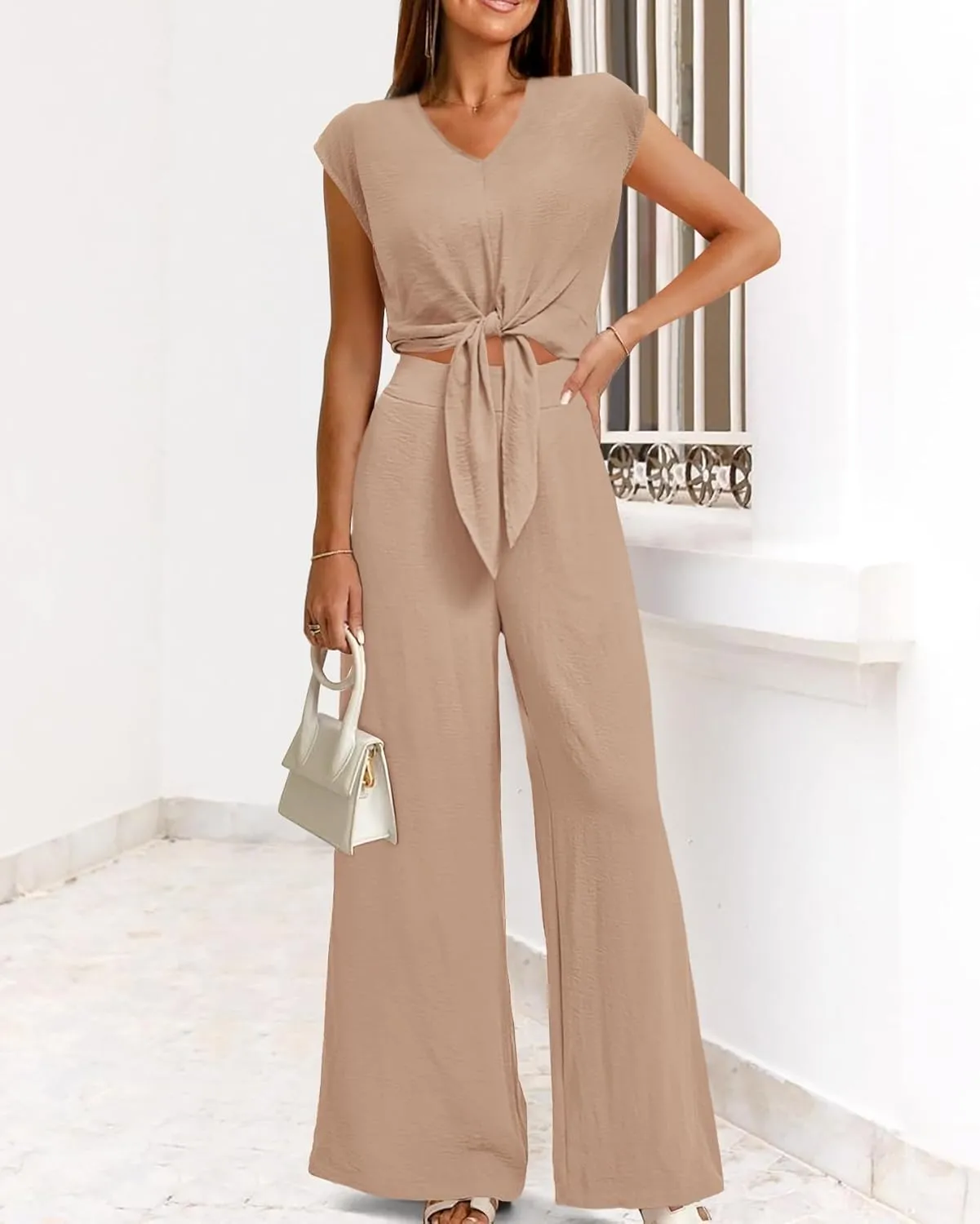 dowerme Women's Summer 2 Piece Outfits Cap Sleeve Strappy Crop Top Wide Leg Pant Sets Casual Tracksuit Lounge Wear 2025