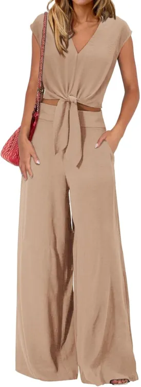 dowerme Women's Summer 2 Piece Outfits Cap Sleeve Strappy Crop Top Wide Leg Pant Sets Casual Tracksuit Lounge Wear 2025