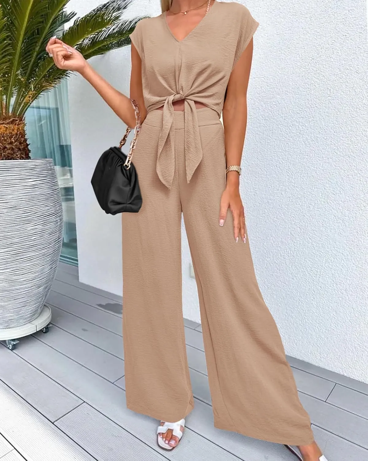 dowerme Women's Summer 2 Piece Outfits Cap Sleeve Strappy Crop Top Wide Leg Pant Sets Casual Tracksuit Lounge Wear 2025