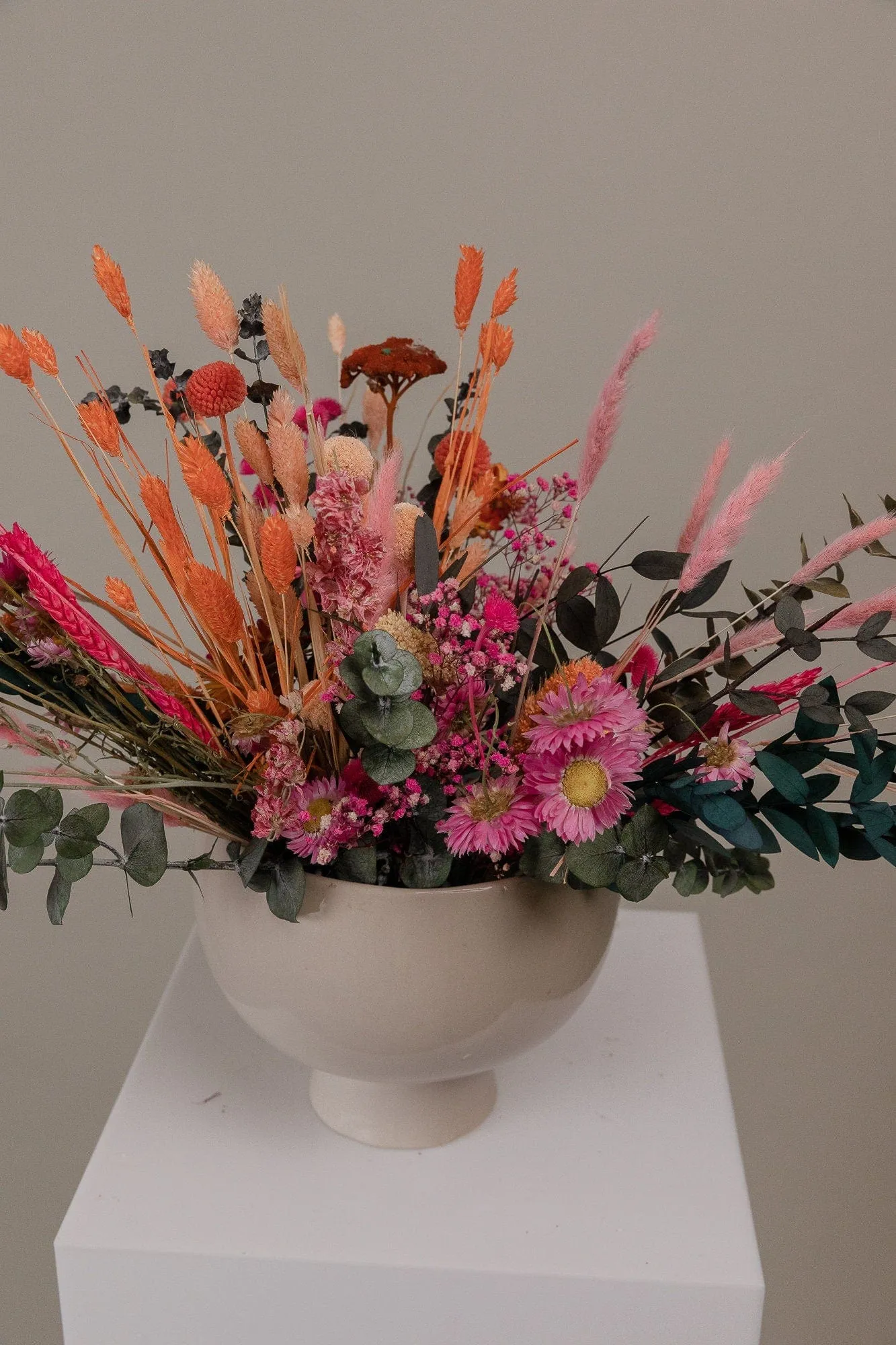 Dried Flowers Pink & Orange Shades With Preserved Eucalyptus Loose Flowers Centerpiece and Vase Arrangement