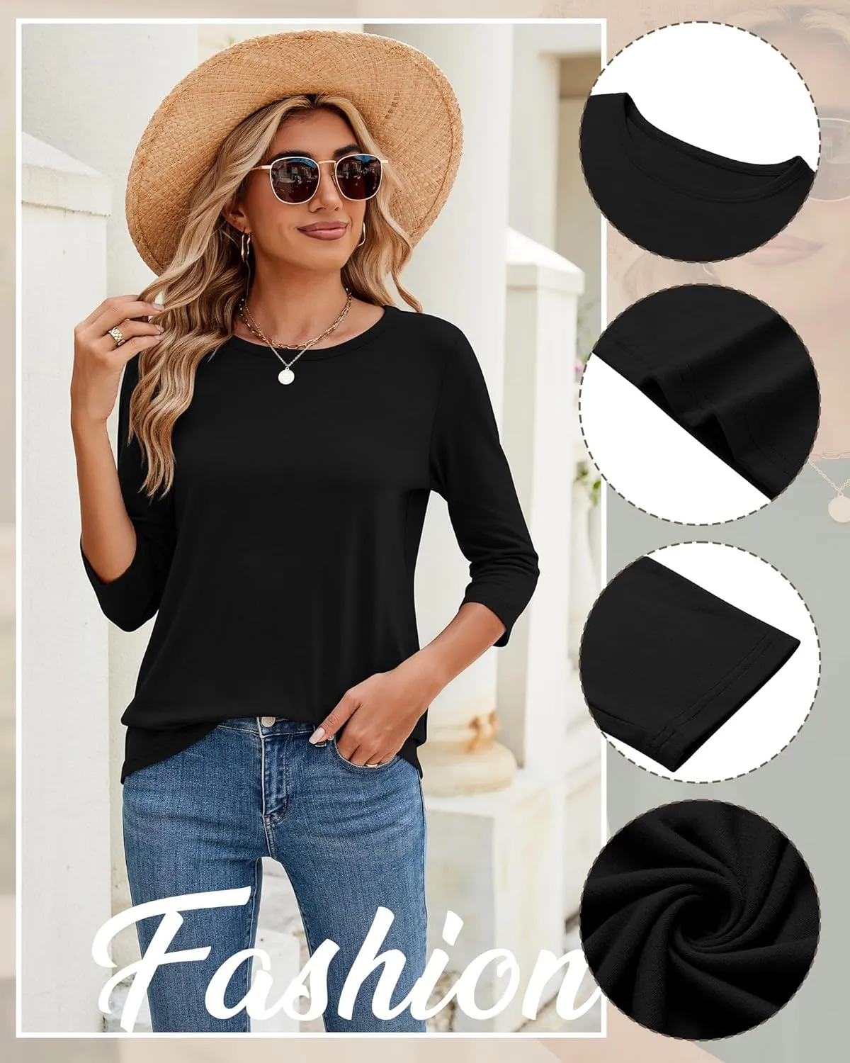 Ficerd 3 Pack 3/4 Sleeve Tops for Women Round Neck Dressy Basics Tees Casual Trendy Loose Fit T Shirts