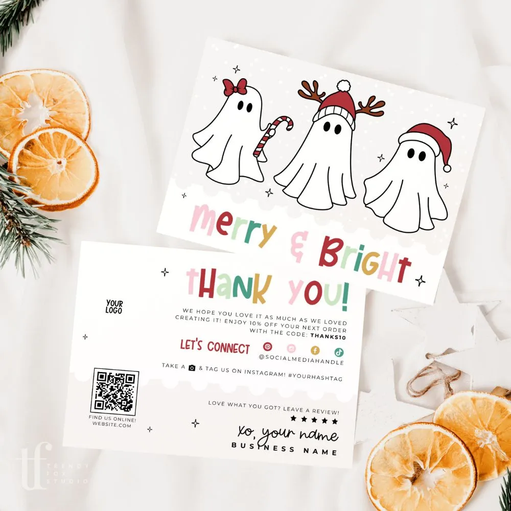 Ghost Christmas Business Thank You Card Canva Template | Boho Rainbow Spooky Holiday