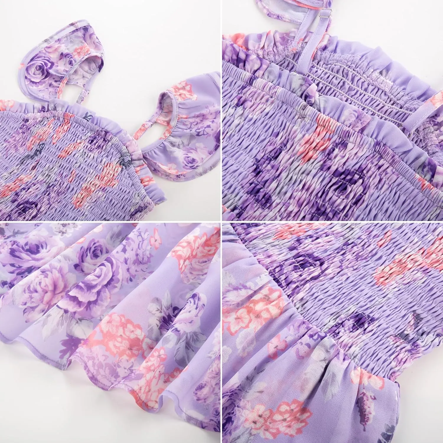 GRACE KARIN Girls Floral Smock Dress Flutter Sleeves Flowing Tiered Layers Spring Summer Midi Holiday Boho Dresses 5-12Y