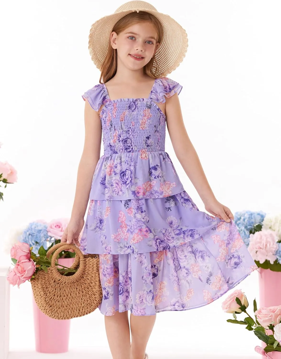 GRACE KARIN Girls Floral Smock Dress Flutter Sleeves Flowing Tiered Layers Spring Summer Midi Holiday Boho Dresses 5-12Y