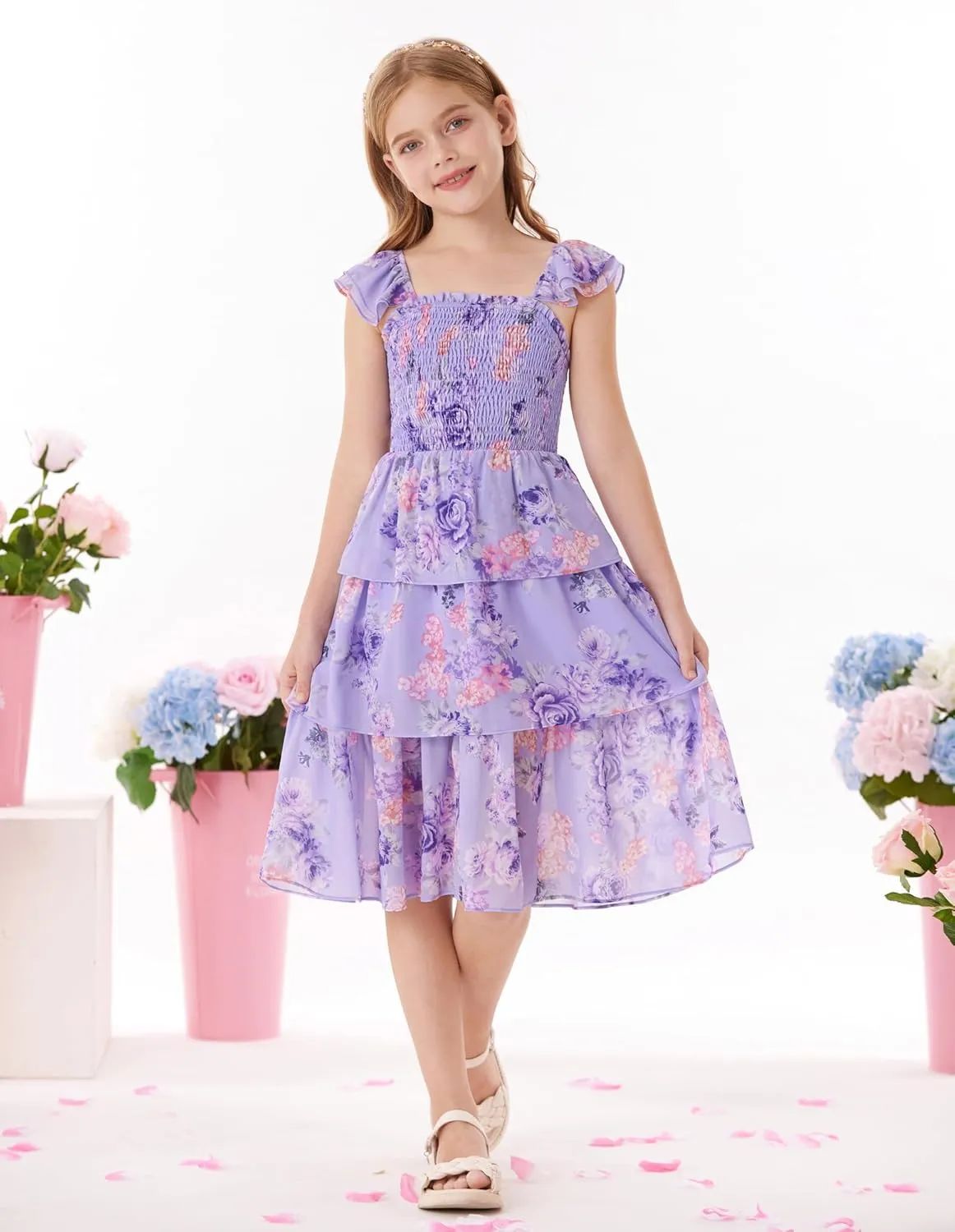 GRACE KARIN Girls Floral Smock Dress Flutter Sleeves Flowing Tiered Layers Spring Summer Midi Holiday Boho Dresses 5-12Y
