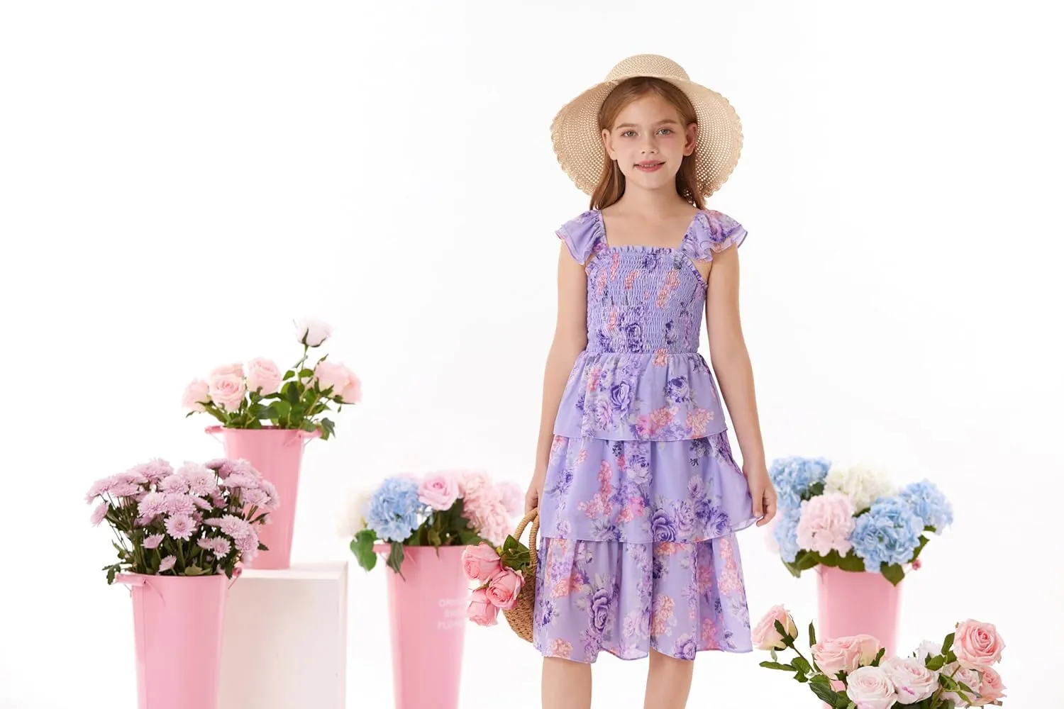 GRACE KARIN Girls Floral Smock Dress Flutter Sleeves Flowing Tiered Layers Spring Summer Midi Holiday Boho Dresses 5-12Y