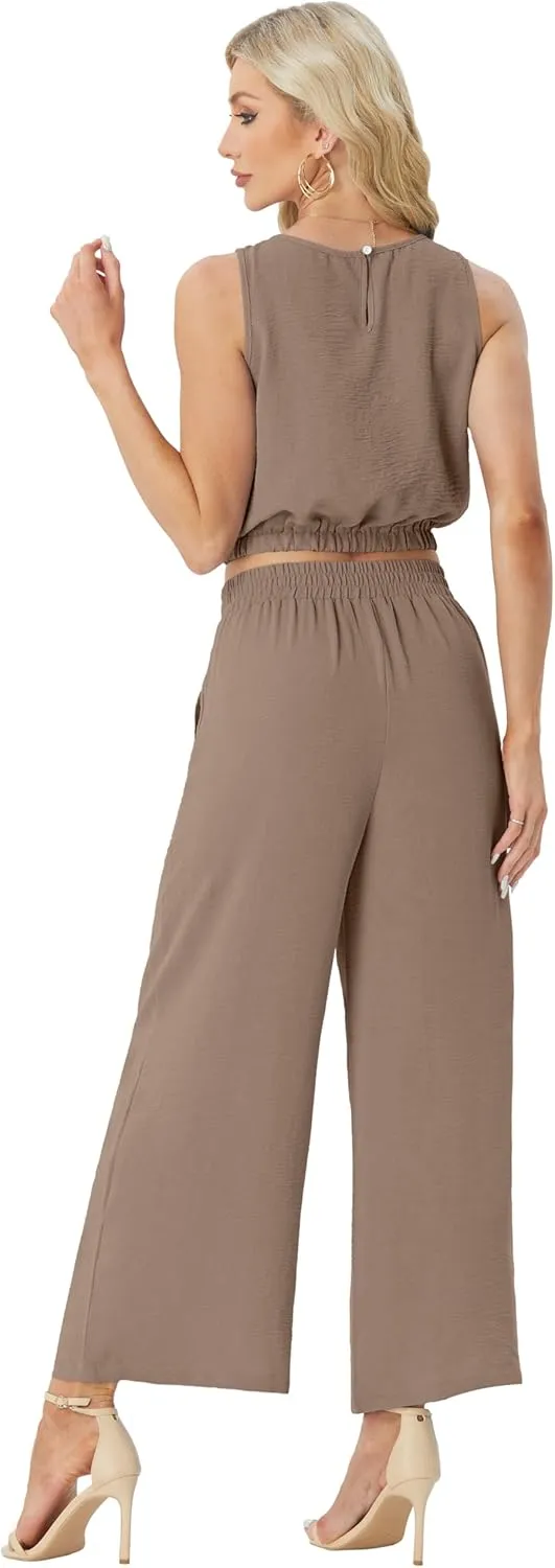 GRECERELLE Two Piece Sets for Women Sleeveless Crop Top Wide Leg Pants Sweat Set for Women Tracksuits 2025 Summer