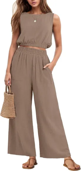 GRECERELLE Two Piece Sets for Women Sleeveless Crop Top Wide Leg Pants Sweat Set for Women Tracksuits 2025 Summer