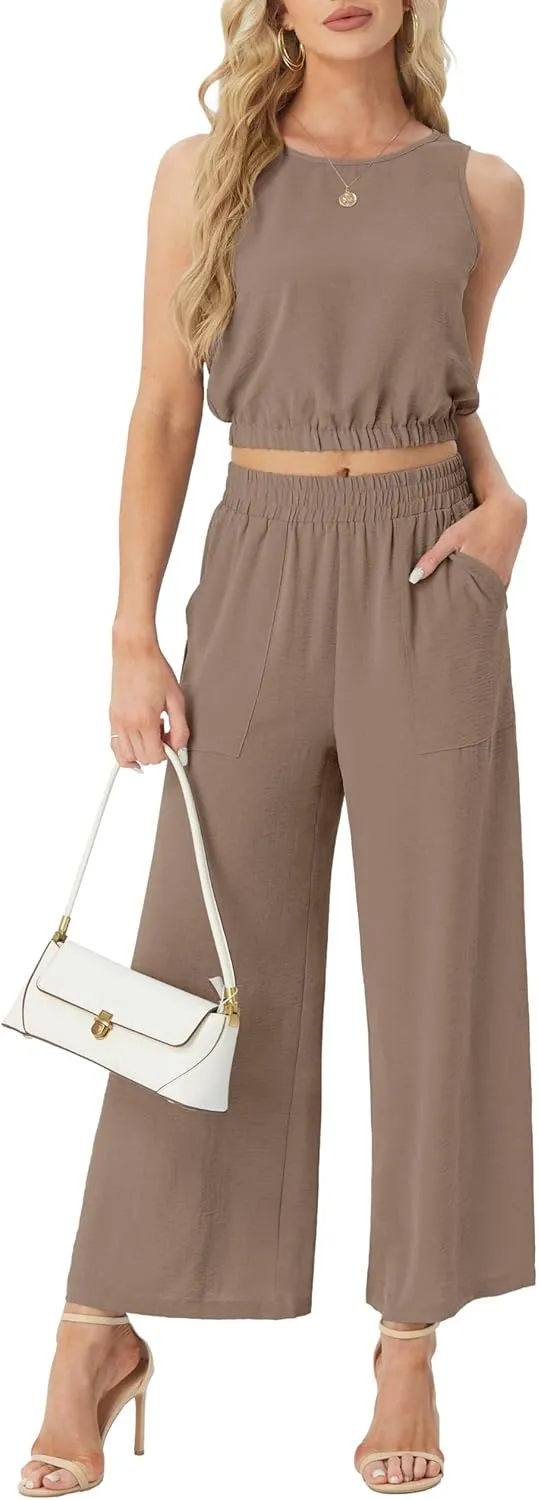 GRECERELLE Two Piece Sets for Women Sleeveless Crop Top Wide Leg Pants Sweat Set for Women Tracksuits 2025 Summer