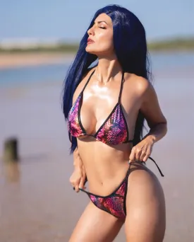 Hologram Bikini Set with Triangle Top and Tie-Side Thong in Pink Crocodile