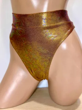 Hologram Highcut Scrunchback Bottoms in Gold Oil Slick